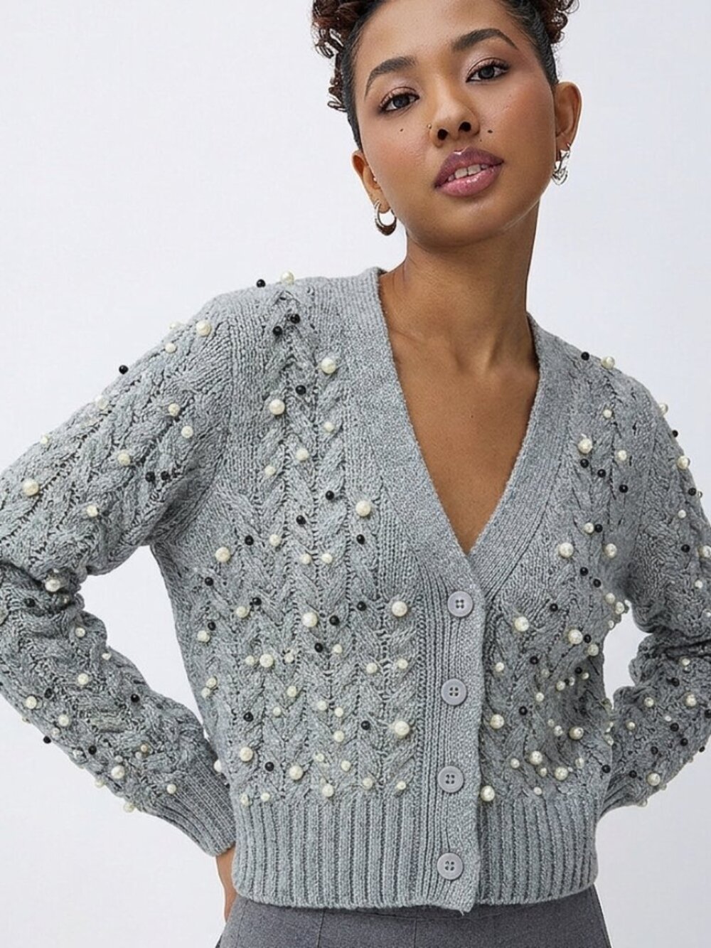ModCloth Silver Knit Pearl Beaded Cropped Cardigan